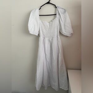 100% Cotton White Swiss Dot Puff Sleeve Midi Dress